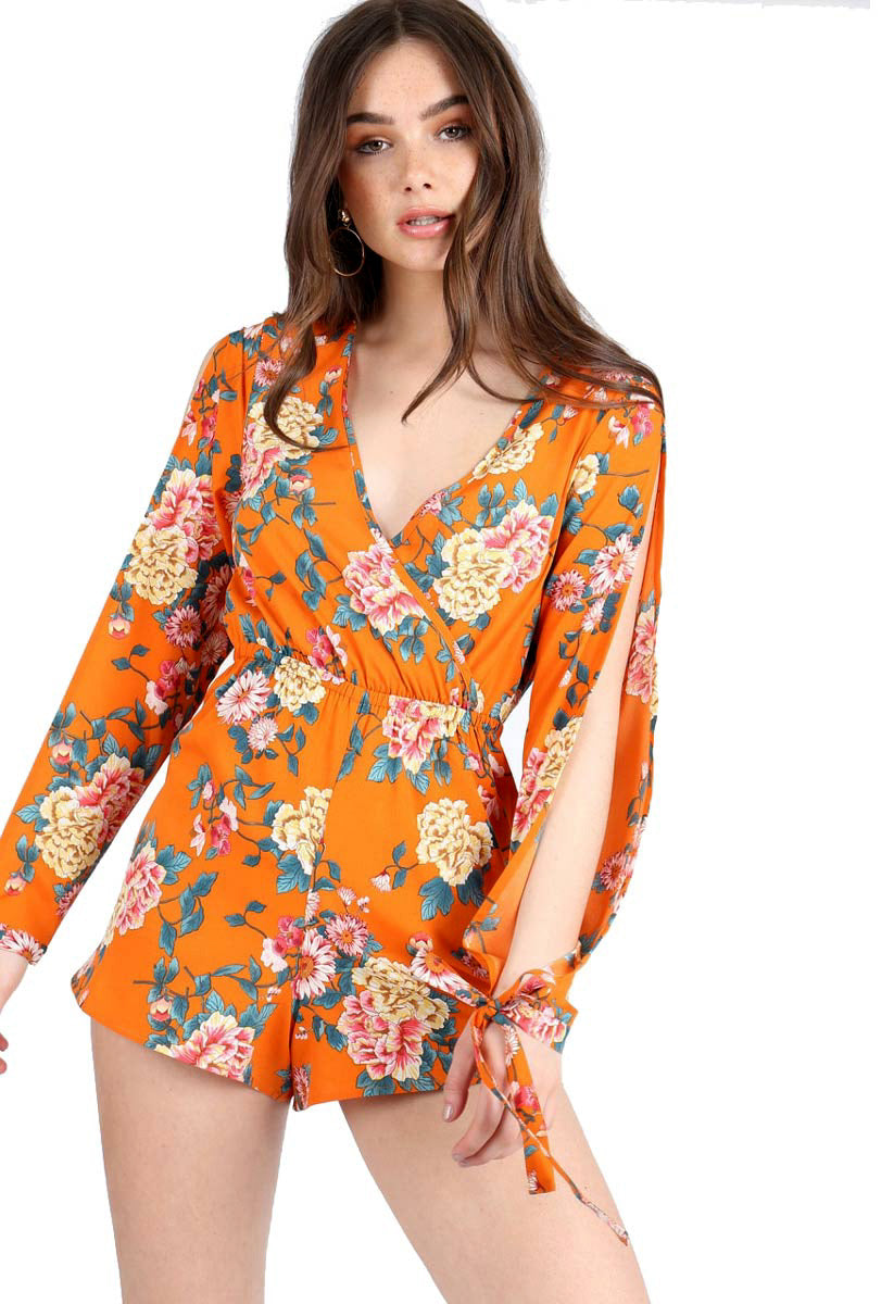 Orange Floral Self Tie Sleeve Playsuit Orange Floral Self Tie Sleeve Playsuit