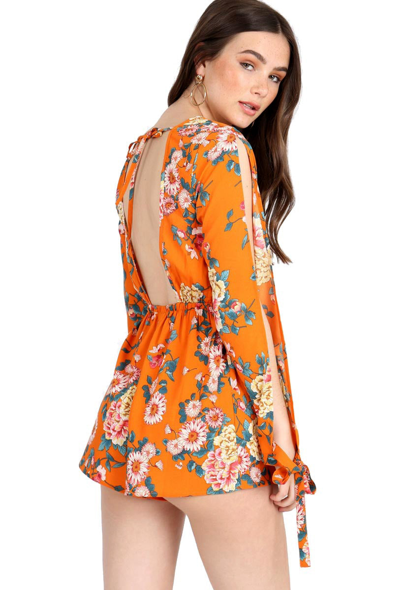 Orange Floral Self Tie Sleeve Playsuit Orange Floral Self Tie Sleeve Playsuit