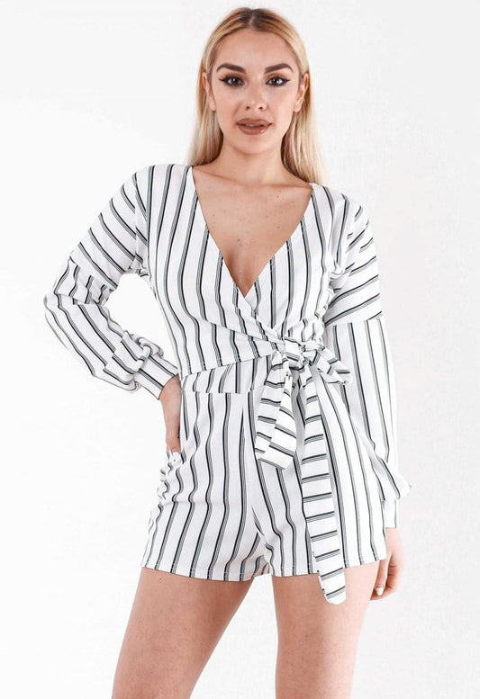 White Stripe Wrap Long Sleeved Playsuit