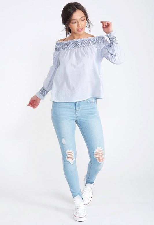 Blue Stripe Contrast Stitch Bardot Blouse Top