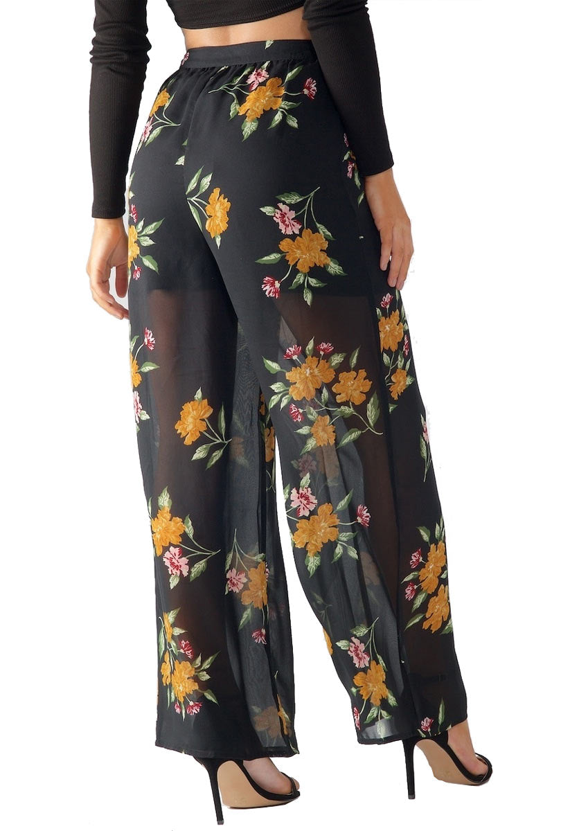Black Floral Wide Leg Trousers Black Floral Wide Leg Trousers