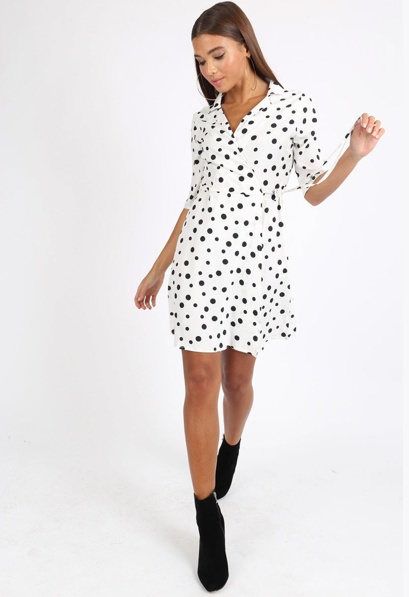 White Polkadot Rever Collar Wrap Mini Dress White Polkadot Rever Collar Wrap Mini Dress