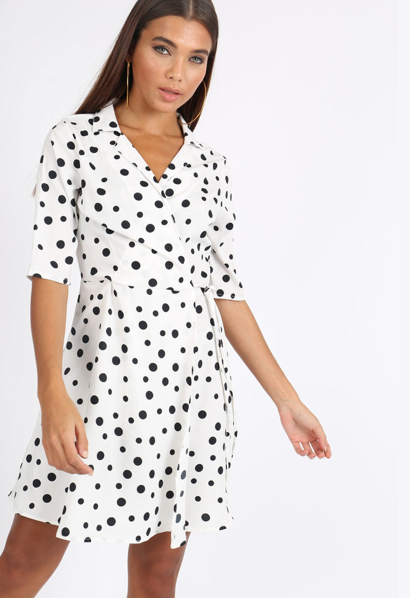 White Polkadot Rever Collar Wrap Mini Dress White Polkadot Rever Collar Wrap Mini Dress