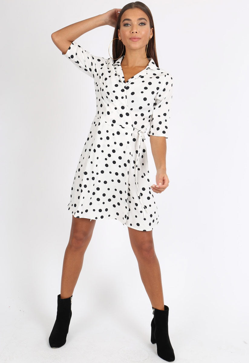 White Polkadot Rever Collar Wrap Mini Dress White Polkadot Rever Collar Wrap Mini Dress