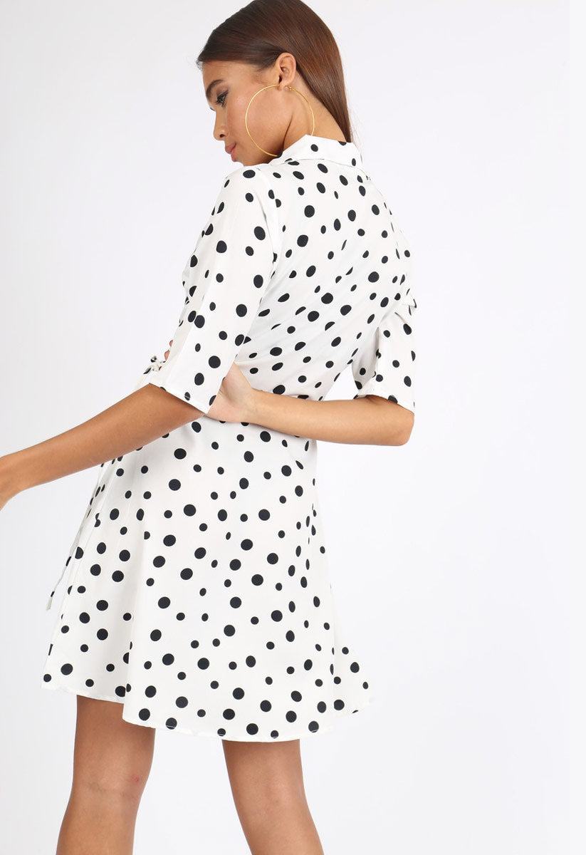 White Polkadot Rever Collar Wrap Mini Dress White Polkadot Rever Collar Wrap Mini Dress