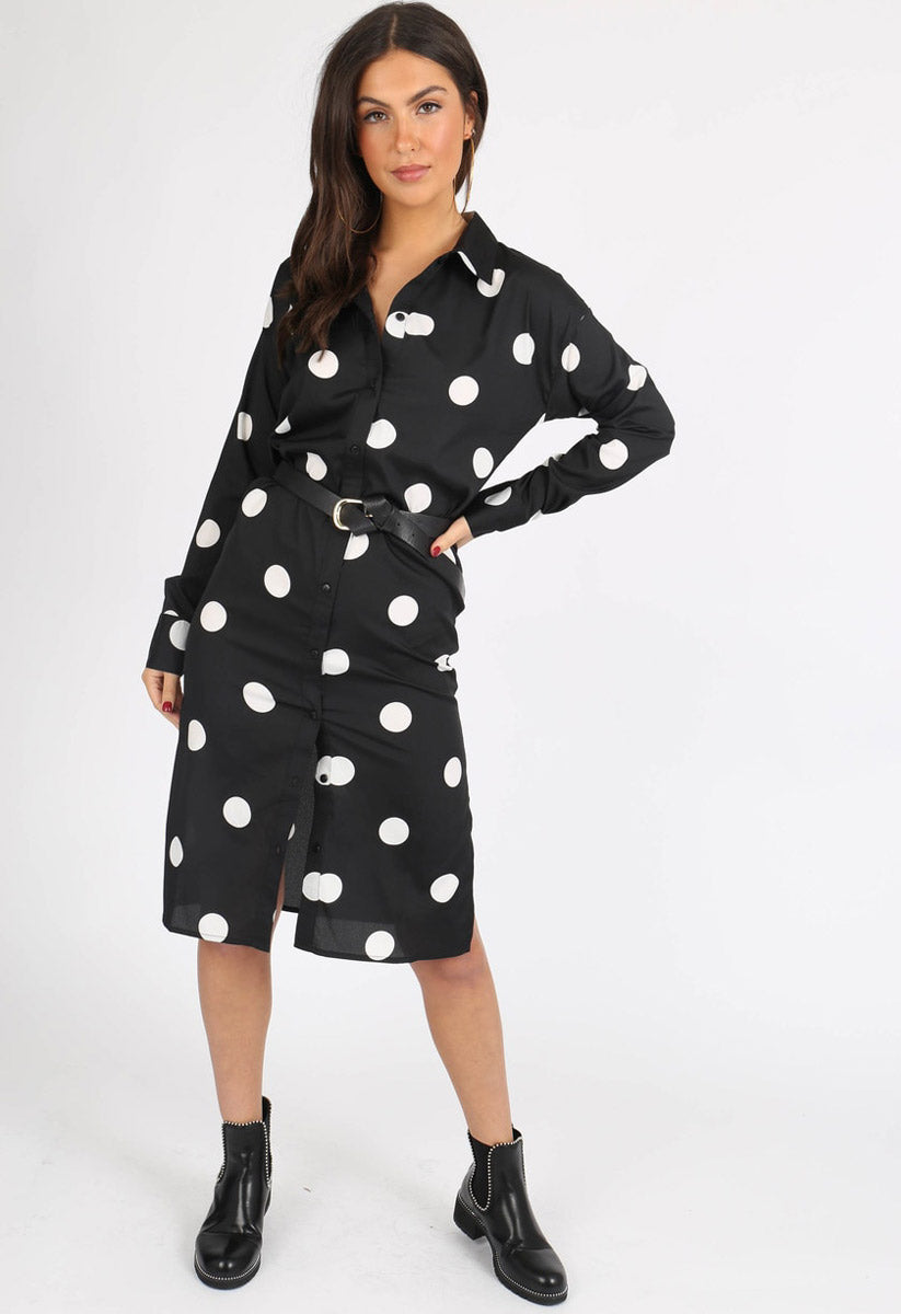Black Polka Dot Button Down Midi Shirt Dress Black Polka Dot Button Down Midi Shirt Dress