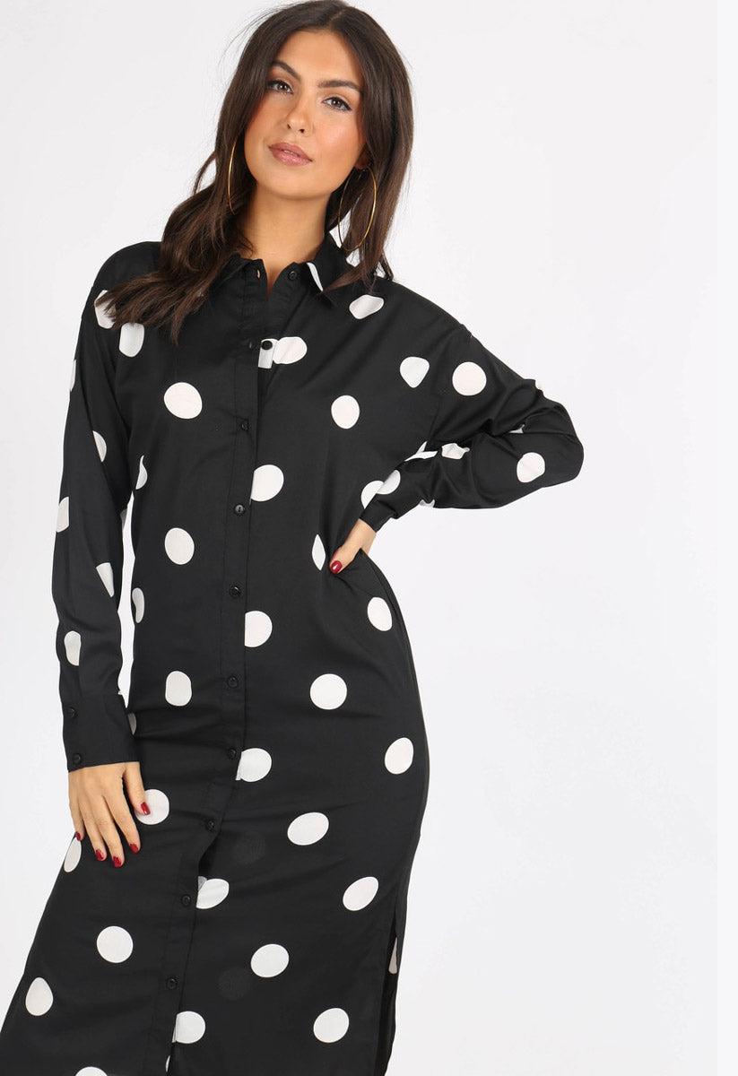 Black Polka Dot Button Down Midi Shirt Dress Black Polka Dot Button Down Midi Shirt Dress