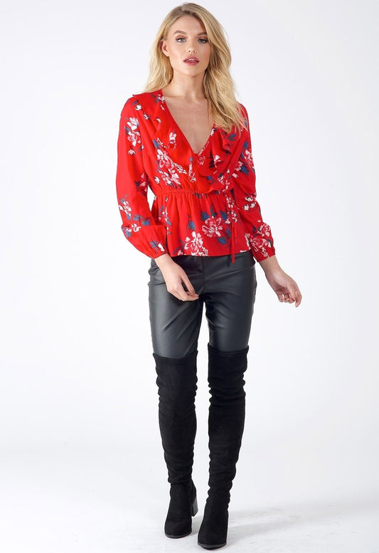 Red Floral Ruffle Detail Wrap Blouse Top