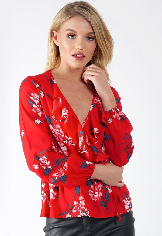 Red Floral Ruffle Detail Wrap Blouse Top
