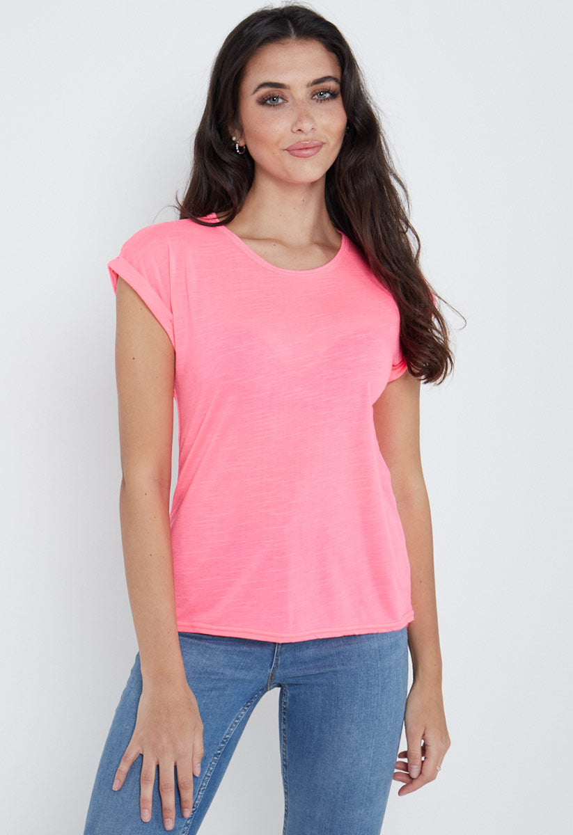 Coral Dip Hem Turn Up Sleeve Tee Coral Dip Hem Turn Up Sleeve Tee