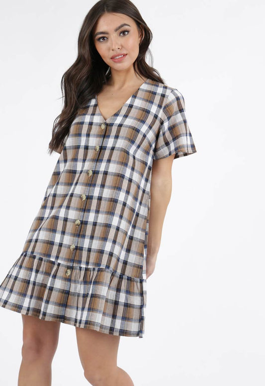 Brown Check Button Down Frill Hem Mini Smock Dress