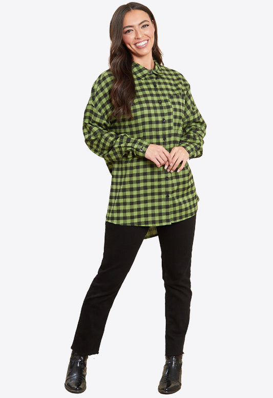 Green Oversized Long Sleeves Check Shirt