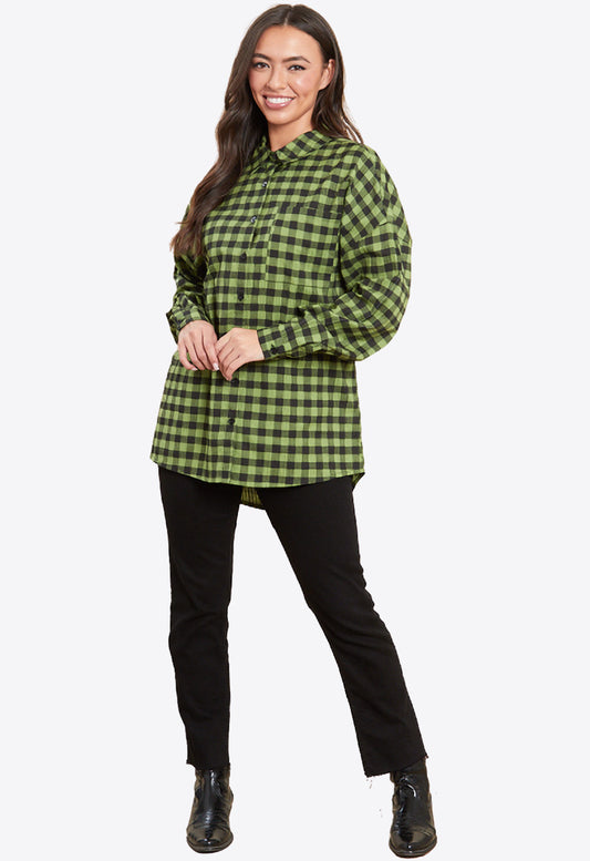 Green Oversized Long Sleeves Check Shirt