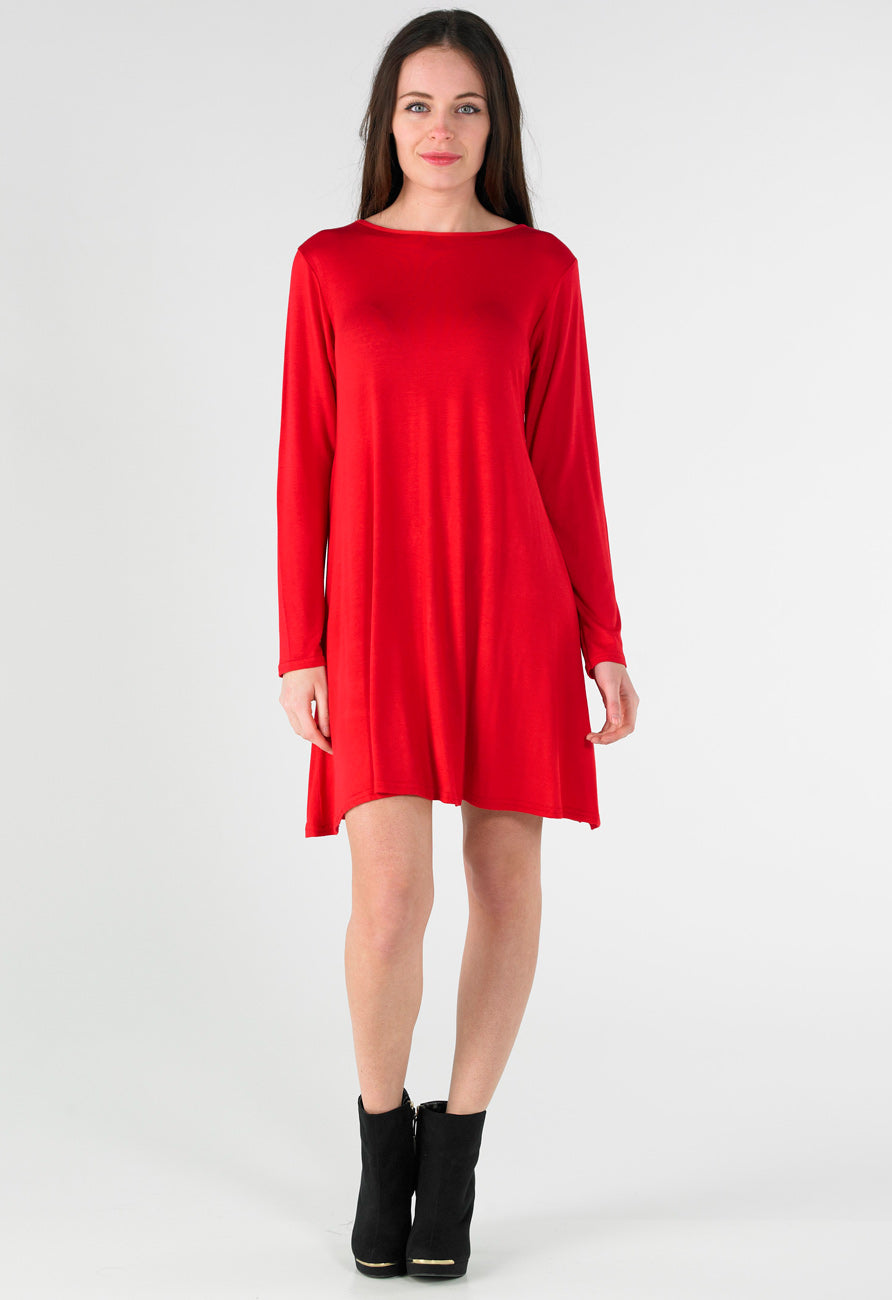 Red Long Sleeve Mini Swing Dress