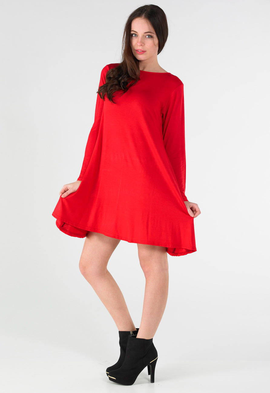 Red Long Sleeve Mini Swing Dress