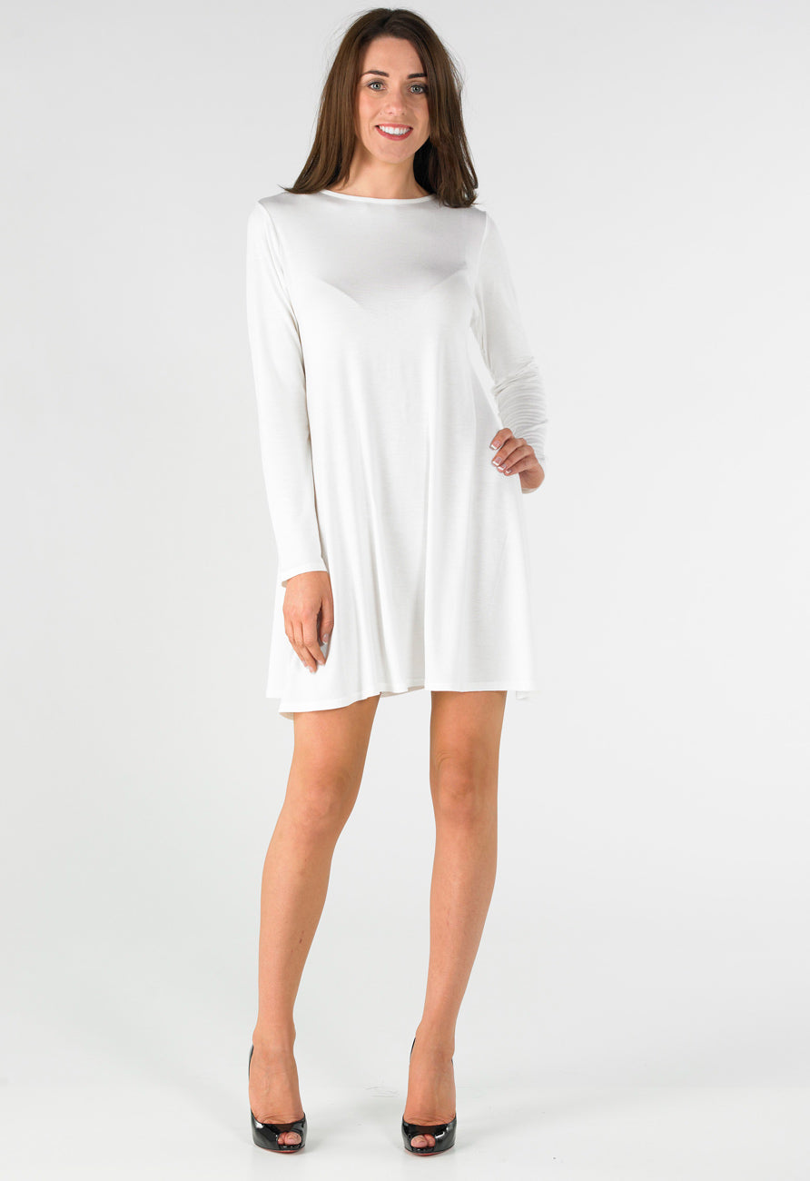 Off White Long Sleeve Mini Swing Dress