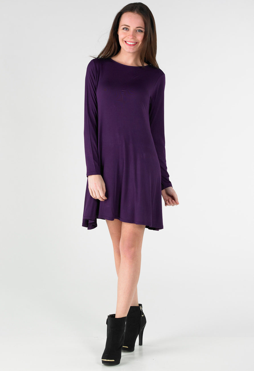 Purple Long Sleeve Mini Swing Dress