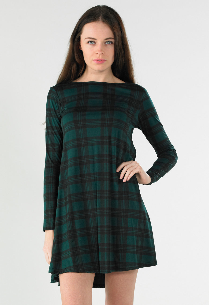 Green Tartan Long Sleeve Mini Swing Dress