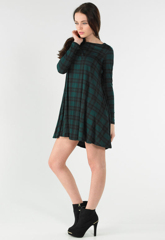 Green Tartan Long Sleeve Mini Swing Dress