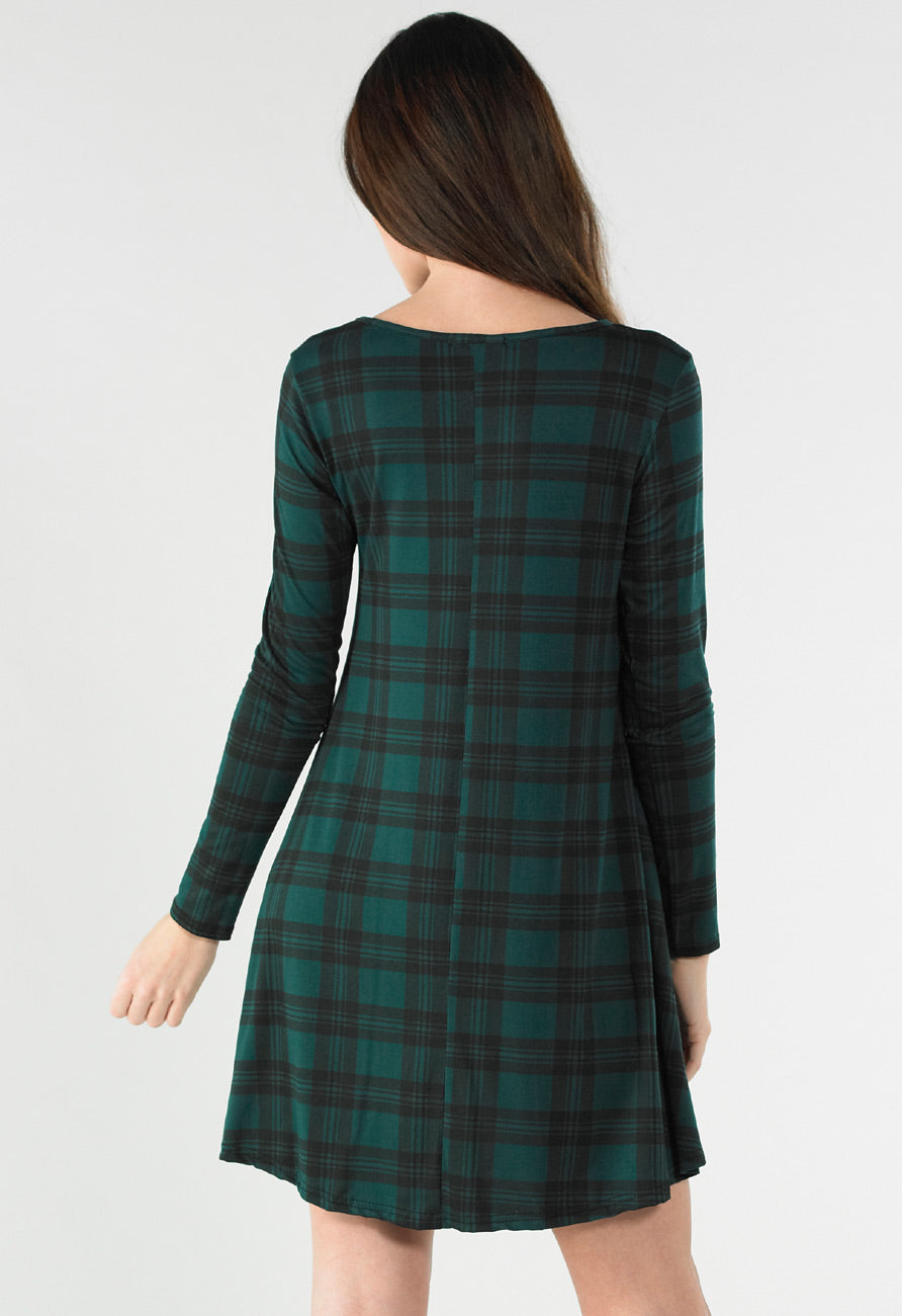 Green Tartan Long Sleeve Mini Swing Dress