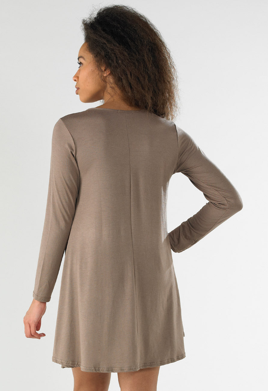 Mocha Long Sleeve Mini Swing Dress