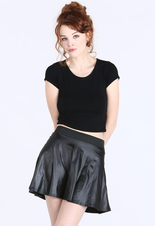 Black Wetlook Pleated Skater Skirt