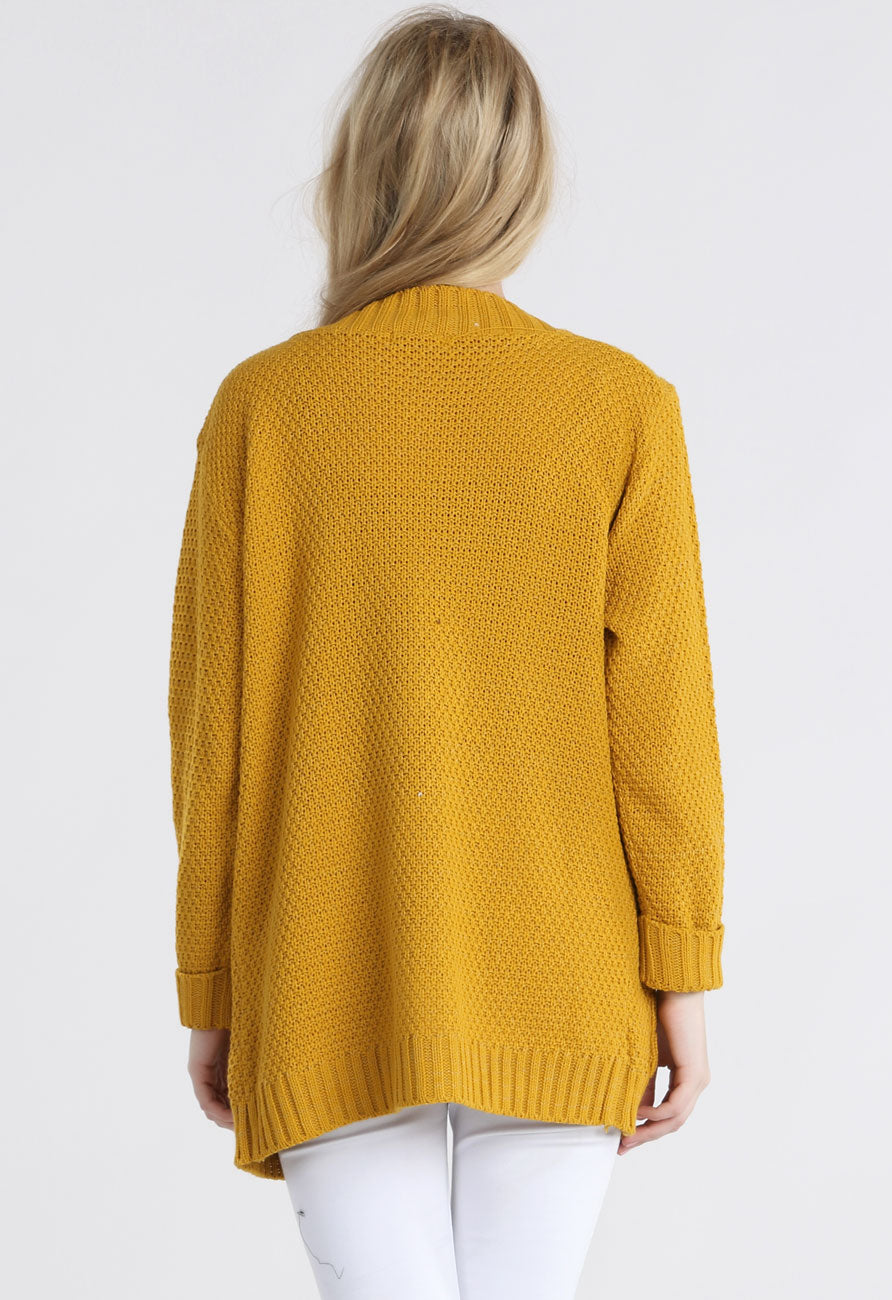 Mustard Chunky Cable Knit Pocket Cardigan