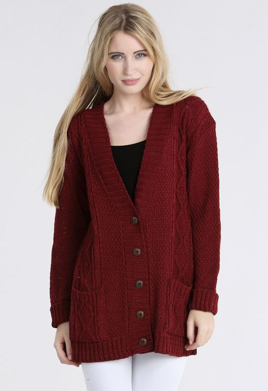 Wine Chunky Cable Knit Pocket Cardigan