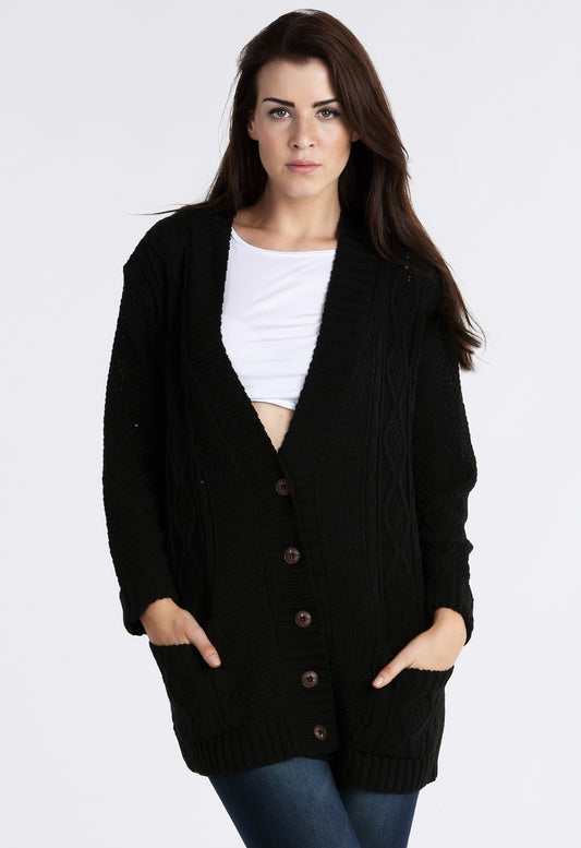 Black Chunky Cable Knit Pocket Cardigan