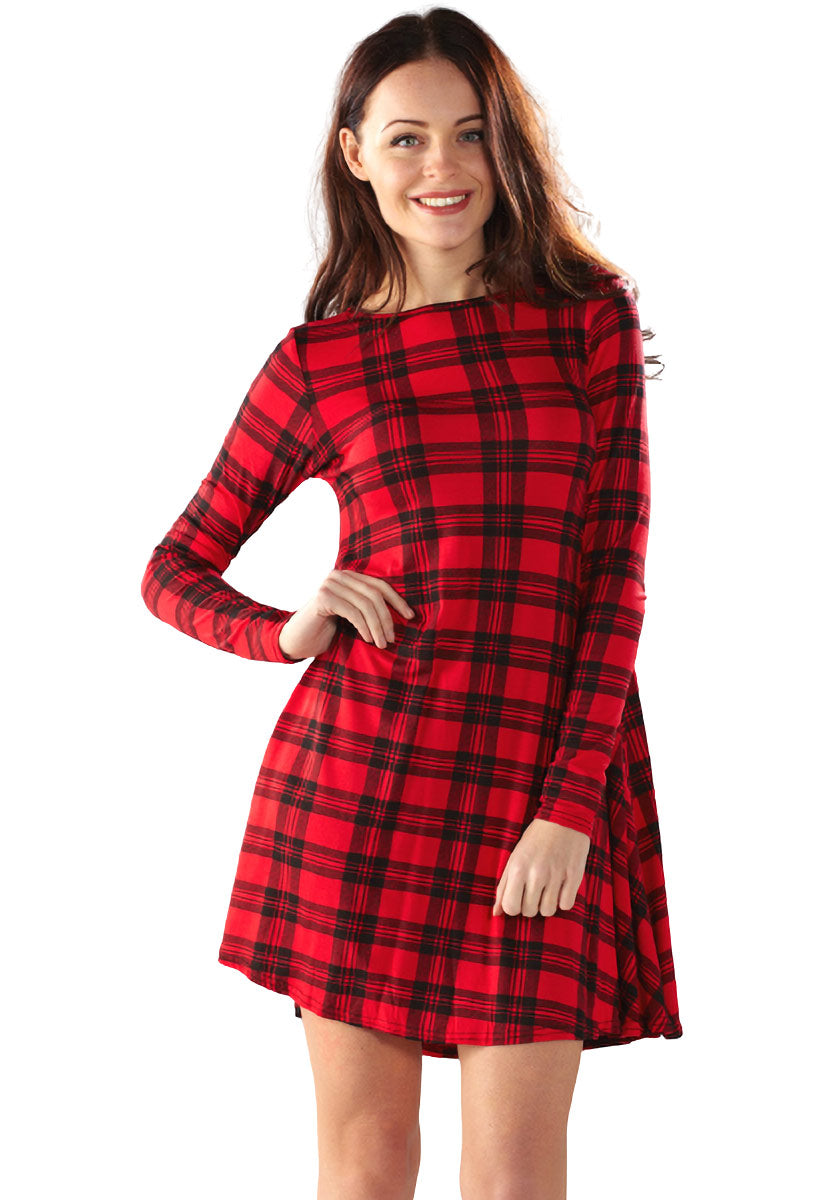 Red Tartan Long Sleeve Mini Swing Dress