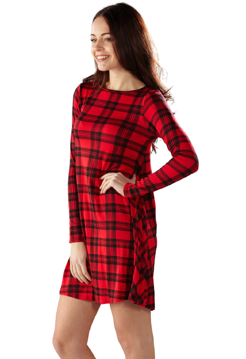 Red Tartan Long Sleeve Mini Swing Dress