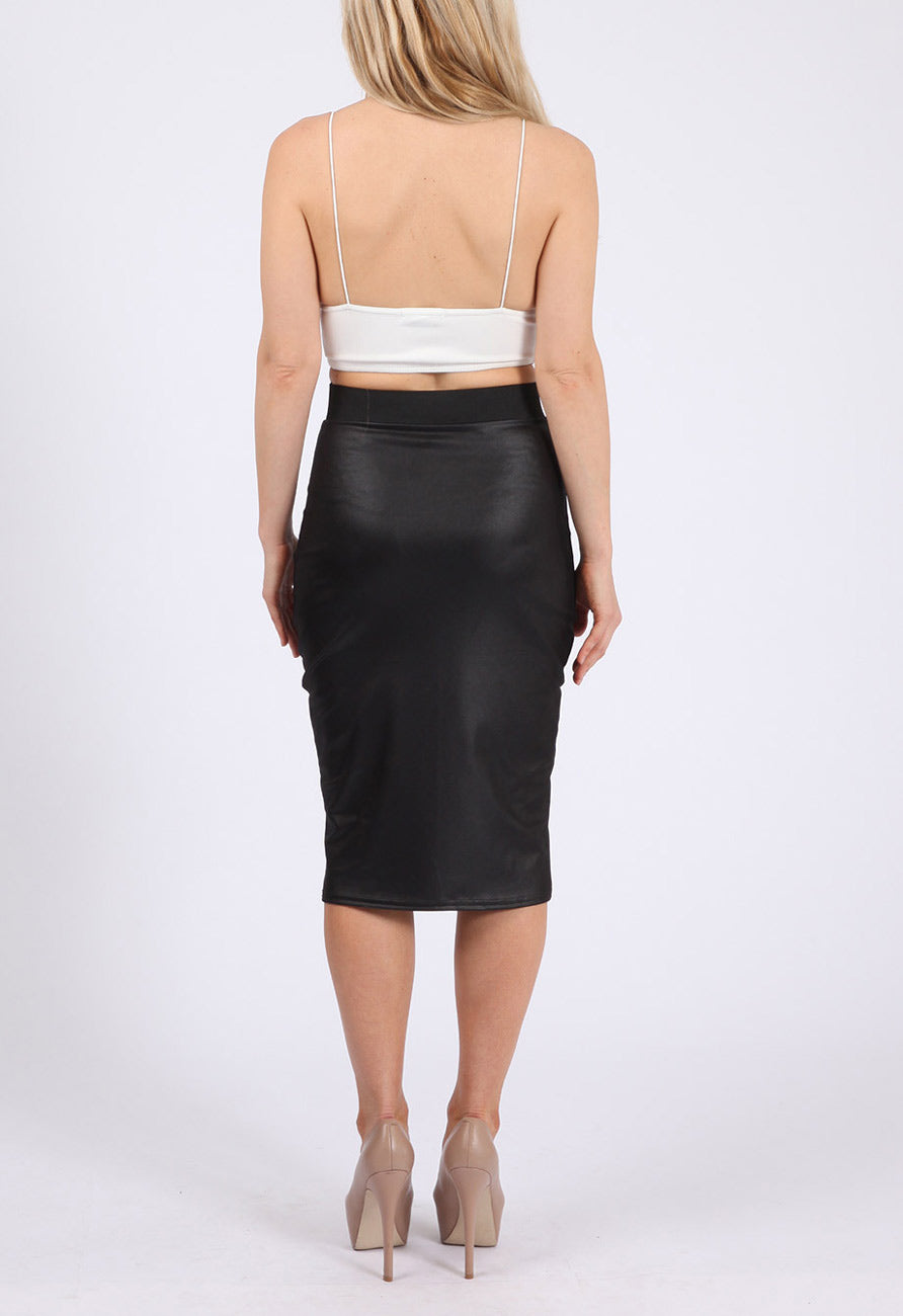 Black Wetlook Leatherette Midi Bodycon Skirt