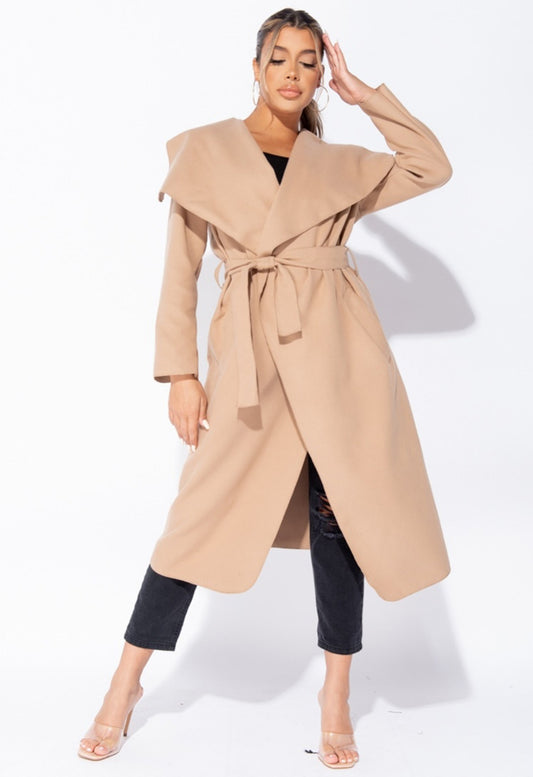 Camel Waterfall Collar Belted Duster Coat