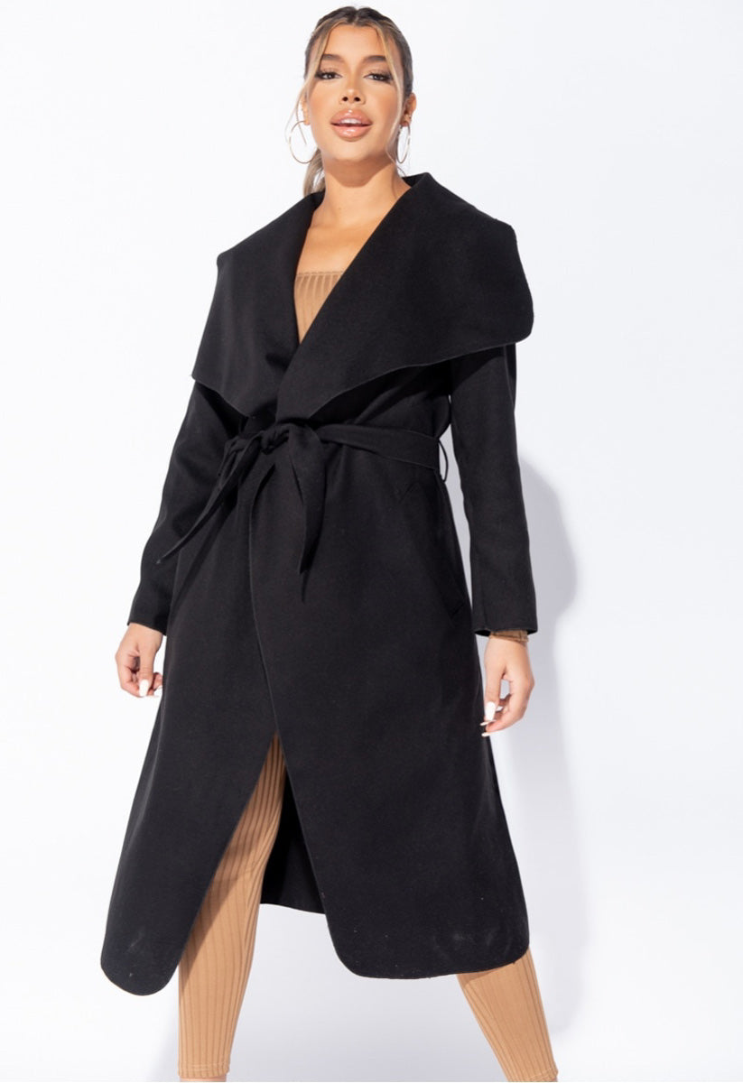 Black Waterfall Collar Belted Duster Coat