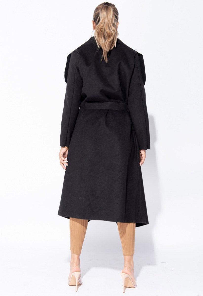 Black Waterfall Collar Belted Duster Coat