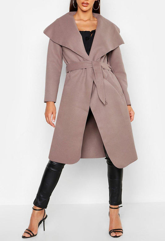 Mocha Waterfall Collar Belted Duster Coat