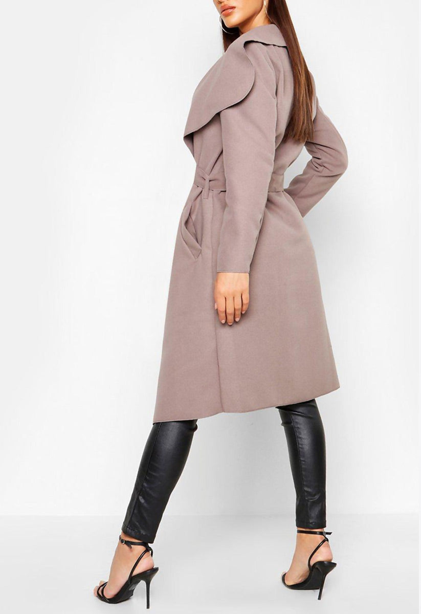 Mocha Waterfall Collar Belted Duster Coat