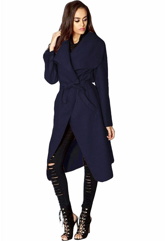 Navy Waterfall Collar Belted Duster Coat