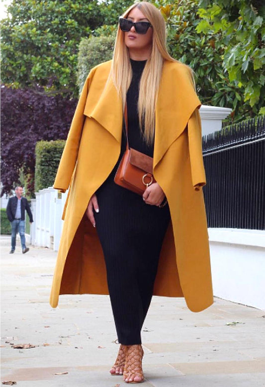 Mustard Waterfall Collar Belted Duster Coat