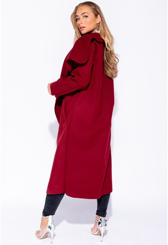 Wine Waterfall Collar Belted Duster Coat