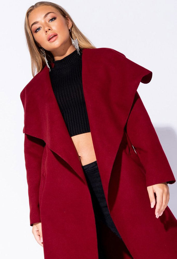 Wine Waterfall Collar Belted Duster Coat