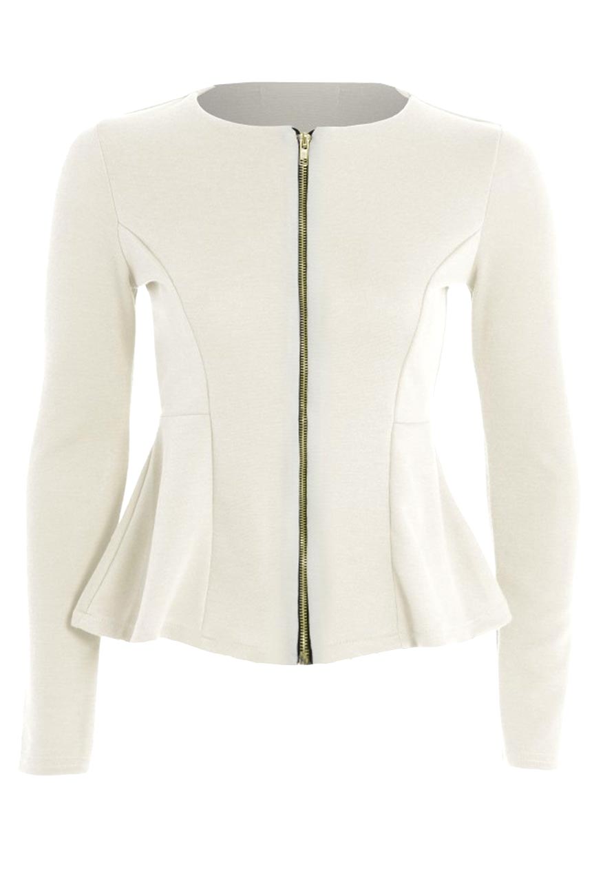 Cream Tailored Zip Up Peplum Blazer