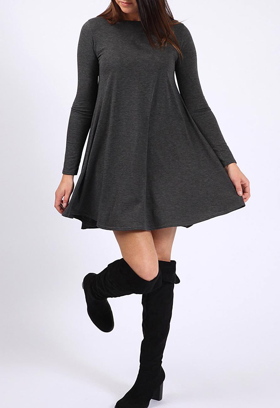 Charcoal Long Sleeve Mini Swing Dress