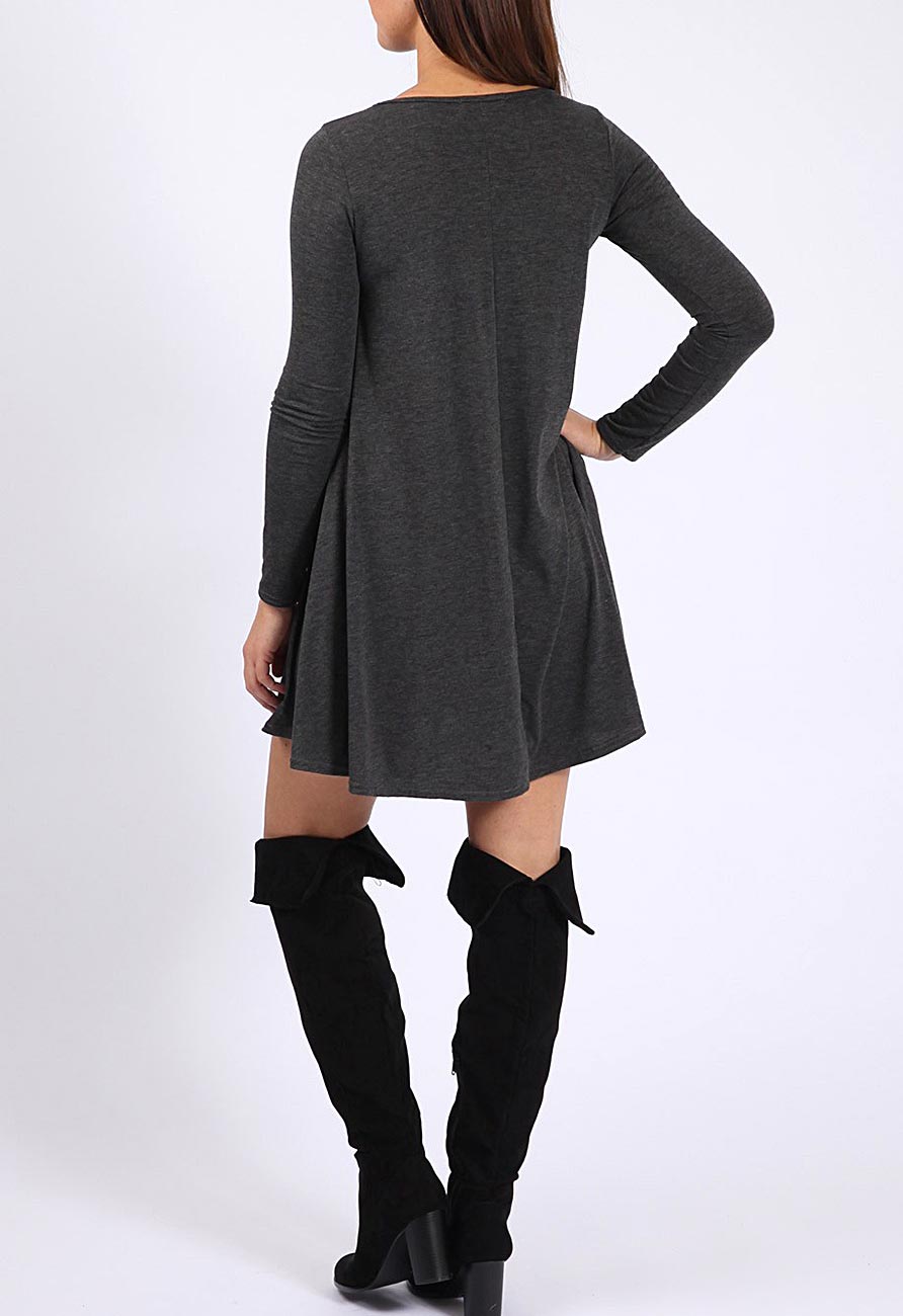 Charcoal Long Sleeve Mini Swing Dress