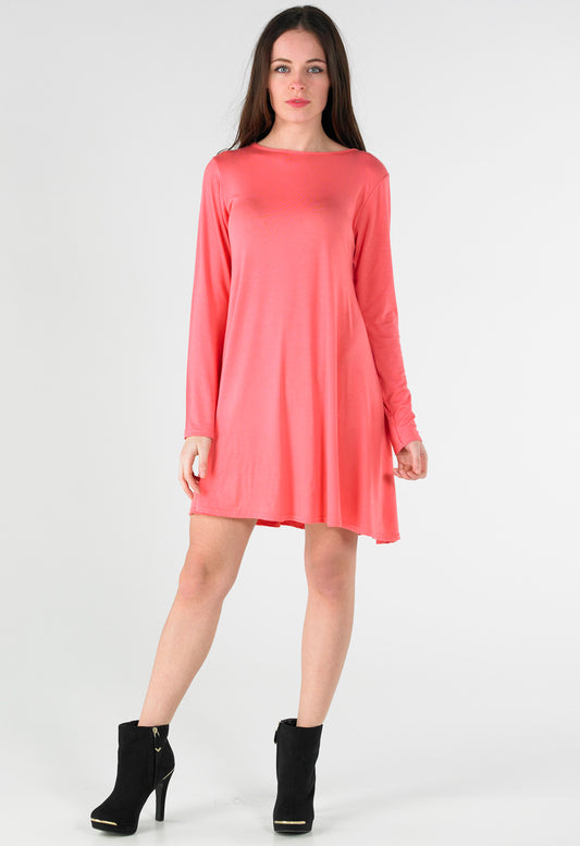 Coral Long Sleeve Mini Swing Dress