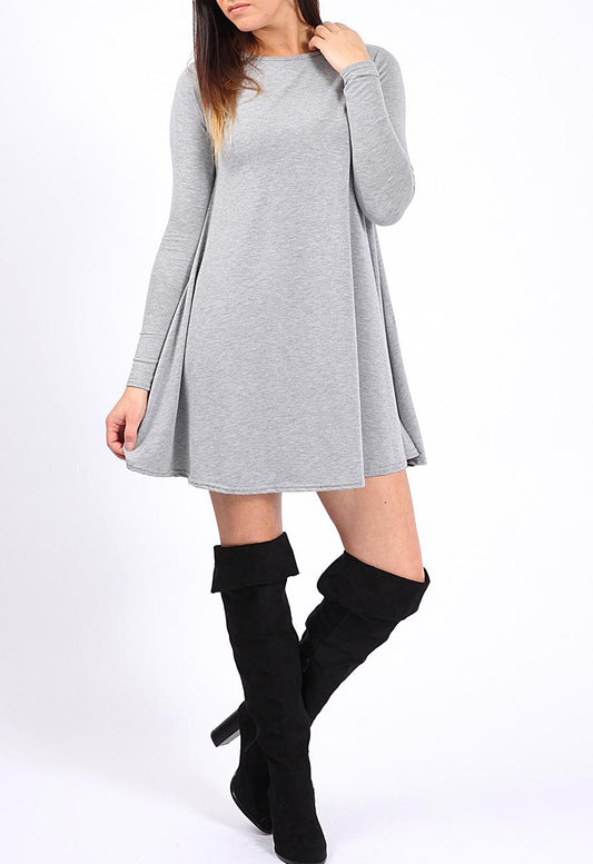 Grey Long Sleeve Mini Swing Dress