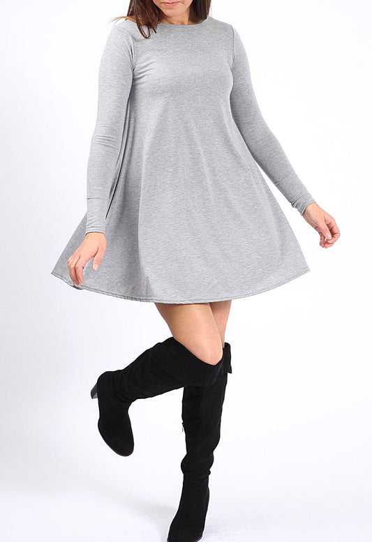 Grey Long Sleeve Mini Swing Dress