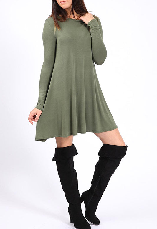 Khaki Long Sleeve Mini Swing Dress