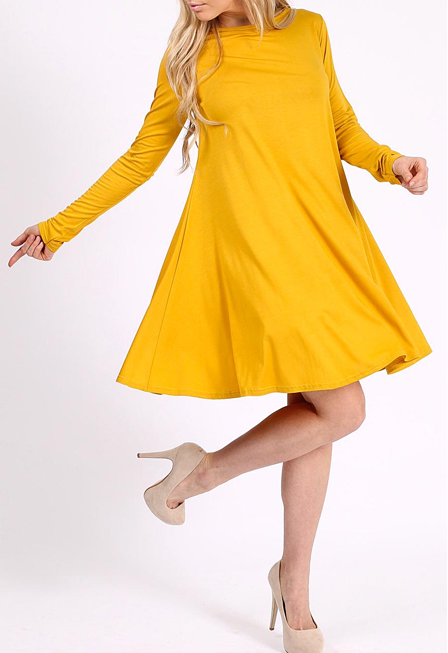 Mustard Long Sleeve Mini Swing Dress