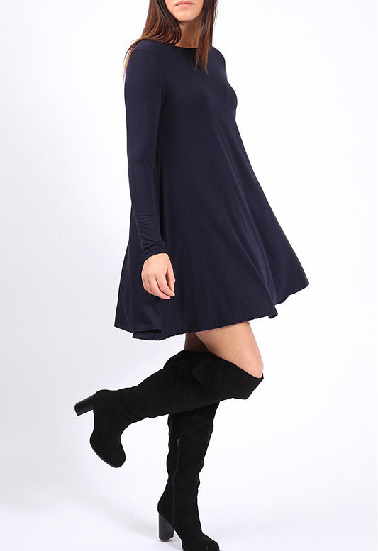 Black Long Sleeve Mini Swing Dress